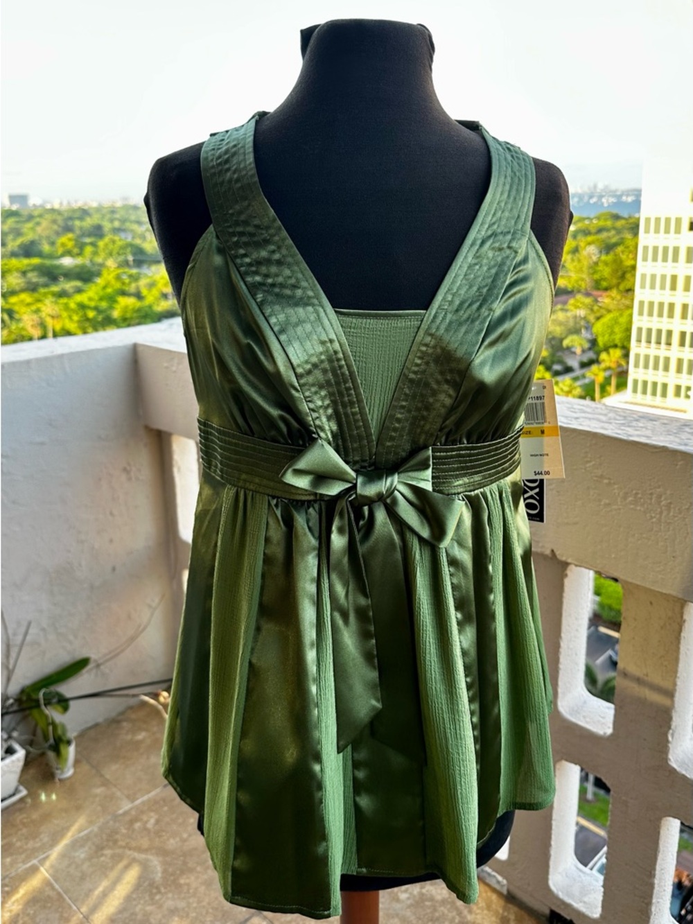 Vintage Y2K XOXO Green Satin Bow Babydoll Top Size M NWT